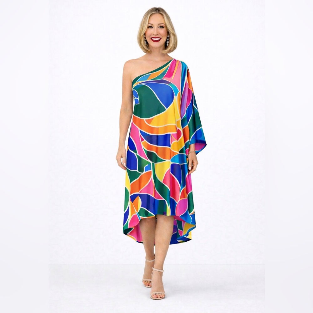 One Shoulder Abstract Print Dress Flowy Statement Midi